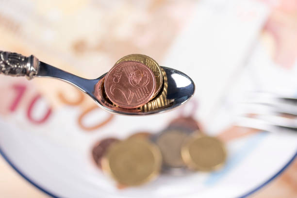 Metal dessert spoon with a 2 cent coin labeled SPAIN over a white plate with money and an fork Metal dessert spoon with a 2 cent coin labeled SPAIN over a white plate with money and an fork. The concept of social subsidies and charges a penny saved stock pictures, royalty-free photos & images
