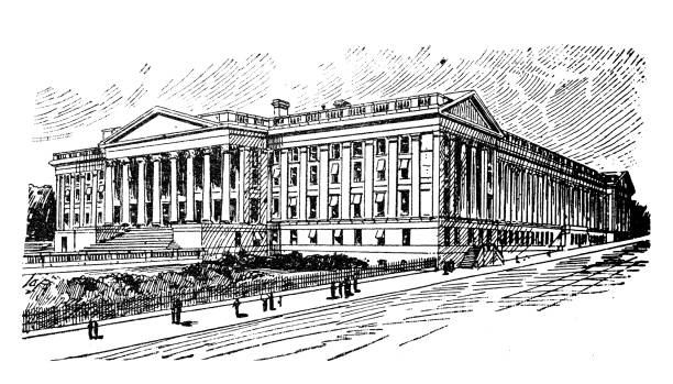 antyczne ilustracje usa: waszyngton - departament skarbu usa - us treasury department stock illustrations