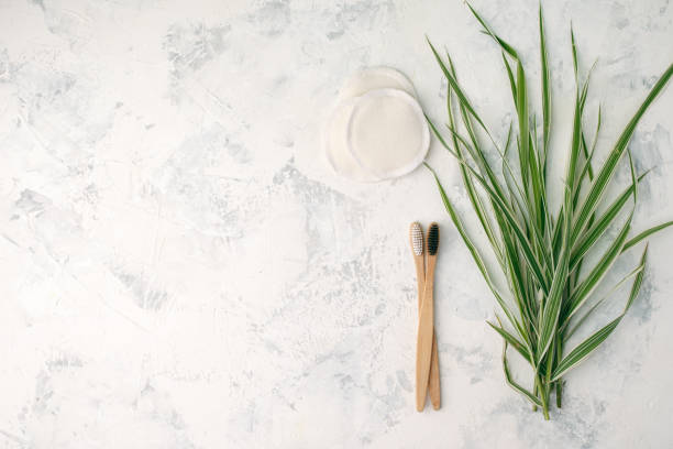 istock Plastic free background. Personal care products made from natural materials: bamboo tooth brushes, cotton pads and green leaf. Zero waste concept. Flat lay 1152648836