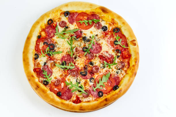 istock Tasty appetizing pizza isolated on white background 1152650029