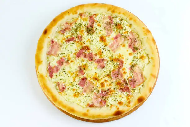 Photo of Tasty appetizing pizza isolated on white background