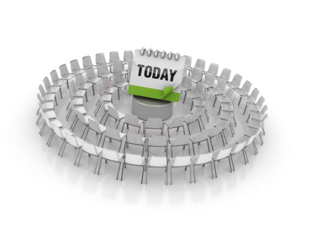 istock Circle of Chairs with Today Calendar - 3D Rendering 1152650284