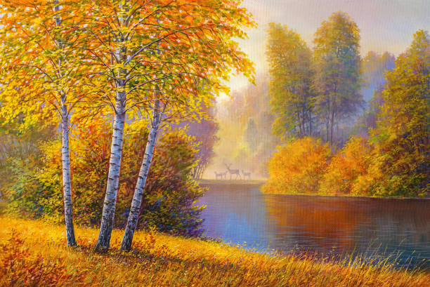 krajobraz malarstwa olejowego - kolorowy jesienny las - gold yellow aspen tree autumn stock illustrations