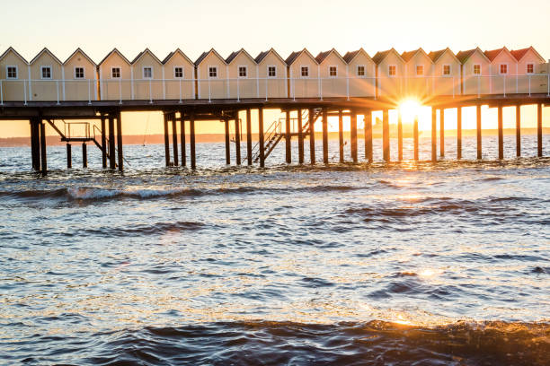istock Public pier and bathhouse at sunset time in Helsingborg, Sweden. 1152654370
