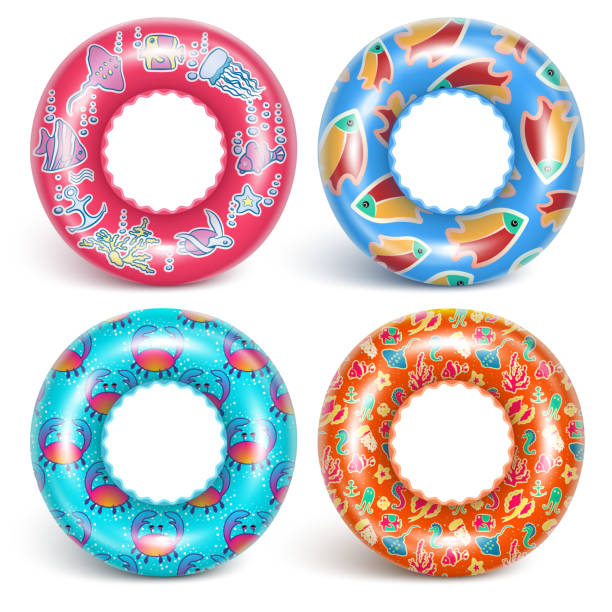 4 inflatable rings with a pattern 4 inflatable rings with a pattern. A set of accessories for swimming. With a pattern of fish and sea dwellers. Realistic image. Isolated on white background. Vector ring buoy stock illustrations