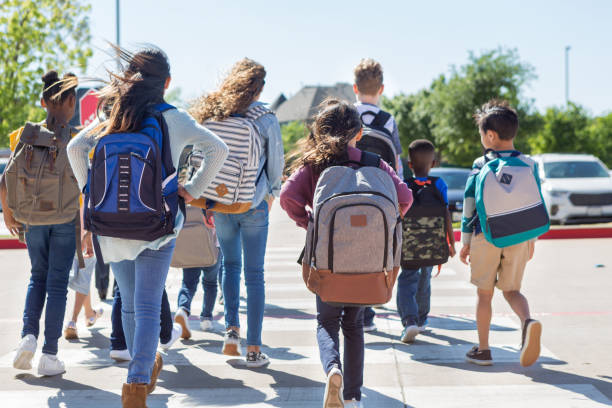 schulkinder gehen im crosswalk von der kamera weg - education sign school crossing sign crossing stock-fotos und bilder