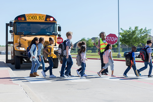 On their way home from school, a group of children cross the street with the crossing guard blocking traffic.