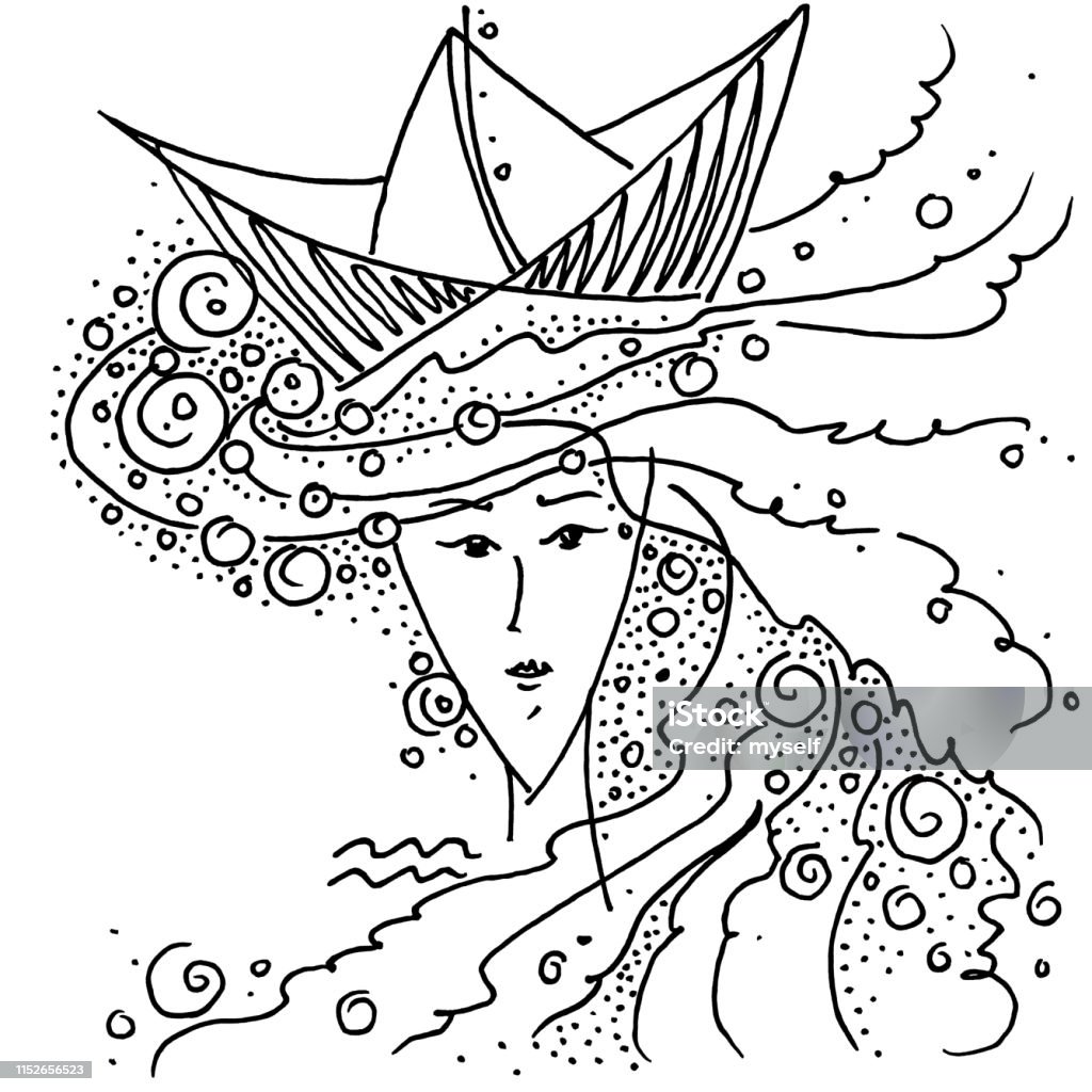 America Of God brand name Ilustrații de stoc cu Zodia Vărsător Desenează Fete Albnegru Cu Marea În Păr  Și O Pălărie Sub Forma Unei Bărci De Hârtie - Descarca imaginea acum -  iStock