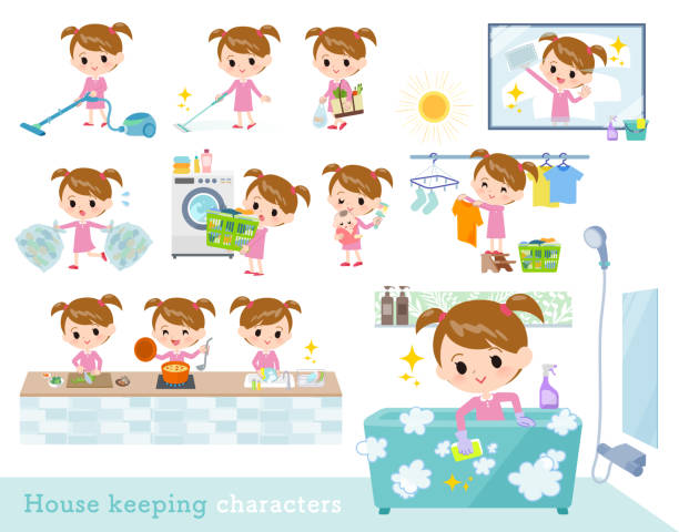 illustrations, cliparts, dessins animés et icônes de girl_housekeeping de vêtements rose - lessive corvée domestique