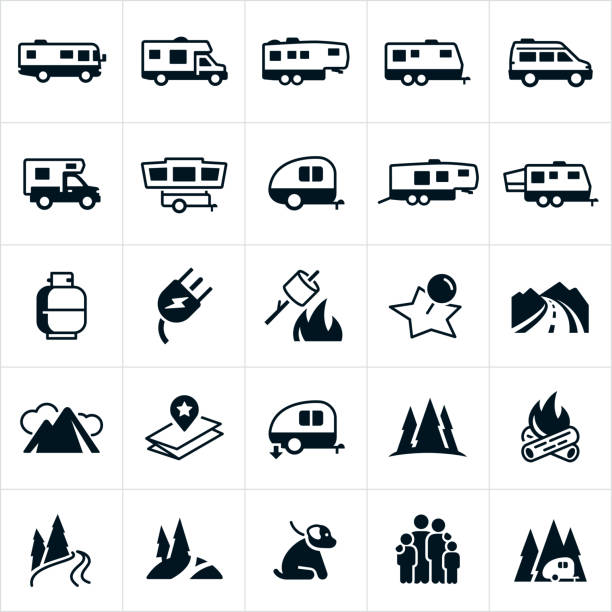 RV Icons A set of recreation vehicle icons. The icons include several different classes of RV and include three types of motorhomes, a travel trailer, fifth wheel trailer, tent trailer, truck camper and toy hauler. The icons also include propane, electricity, roasting marshmallows, map, mountain road, mountains, campsite, camp fire, river and trees, a dog and family to name just a few. rv stock illustrations