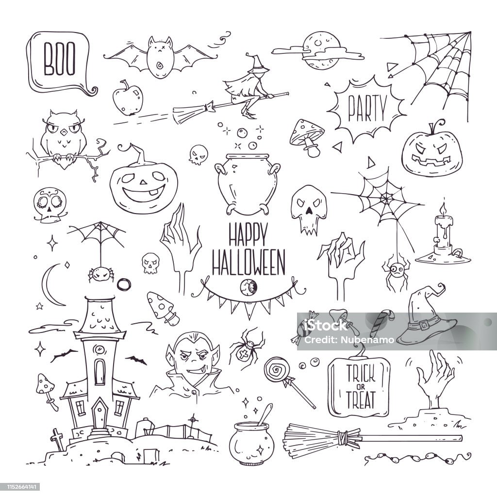 Halloween Symbols Linear Illustrations, Lettering Clipart Collection. Hand Drawn Elements For Festive Flyer, Poster, Banner, Invitation Design Templates. Isolated On White Background. Halloween doodle style illustrations. Hand drawn traditional symbols, carved pumpkin, spider webs, witch with hat on a broom, bat, zombie hand, skull, candle, magic potion pot. Isolated design elements on white background. Halloween stock vector