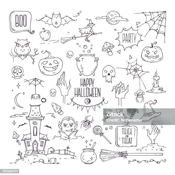 Halloween Symbols Linear Illustrations Lettering Clipart Collection Hand Drawn Elements For Festive Flyer Poster Banner Invitation Design Templates Isolated On White Background Stock Illustration - Download Image Now