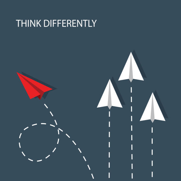 THINK DIFFERENTLY several white paper planes fly straight up and one red paper plane flies sideways and chooses another path independence illustrations stock illustrations