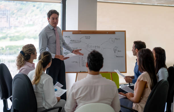 istock Latin american boss talking to his group in a meeting using a white board as a visual aid 1152666413
