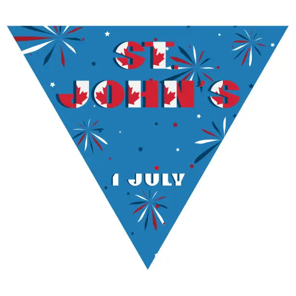 Vector illustration of Happy Canada day holyday triangular flag for planar festivals Modern typography with National flag red and white color on fective firework blue background. Text 1 july St. Johns