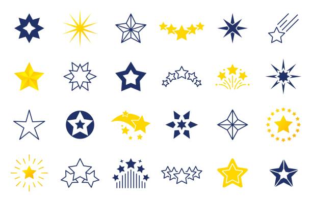 ilustrações de stock, clip art, desenhos animados e ícones de star icons. premium black and outline symbols of star shapes, four five six-pointed star labels on white background. vector stars set - five stars