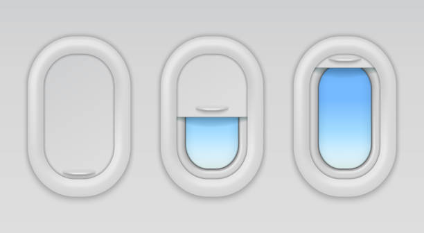 istock Airplane windows. Aircraft portholes with blue sky and fuselage background, vector open closed and half closed types of plane window 1152675031