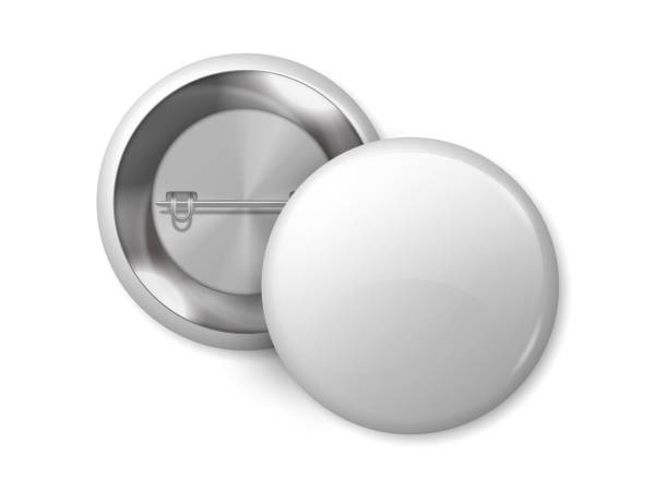 istock White round badge mockup. Pin button blank merchandise, realistic 3D metal labels design template. Vector magnet badge 1152675515