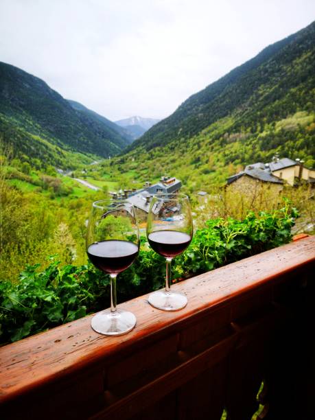 Two glasses of red wine. Mountain view.