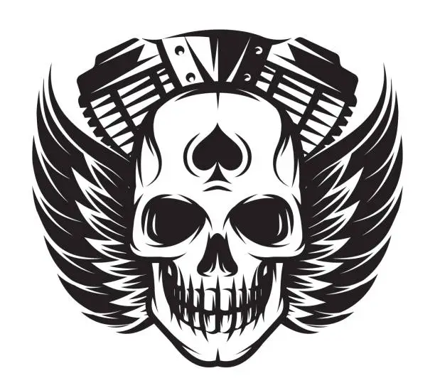 Vector illustration of vector monochrome image on motorcycle theme with skull, wings, engine