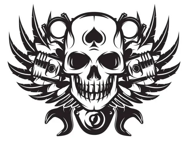 Vector illustration of vector monochrome image on motorcycle theme with skull, wings, engine