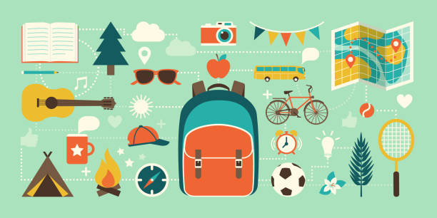 Summer camp, vacations and childhood icons Summer camp, vacations and childhood concept: tourism, adventure and education icons connected together recreational pursuit illustrations stock illustrations