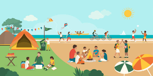 ilustrações, clipart, desenhos animados e ícones de miúdos felizes que apreciam o acampamento de verão junto na praia - tourist running travel people traveling