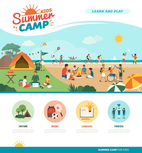ilustrações, clipart, desenhos animados e ícones de miúdos felizes que apreciam o acampamento de verão junto na praia - tourist running travel people traveling