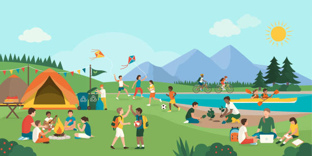 ilustrações, clipart, desenhos animados e ícones de miúdos felizes que apreciam o acampamento de verão junto nas montanhas - tourist running travel people traveling