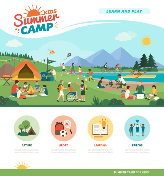 ilustraciones, imágenes clip art, dibujos animados e iconos de stock de niños felices disfrutando de campamento de verano juntos en las montañas - campamento de verano