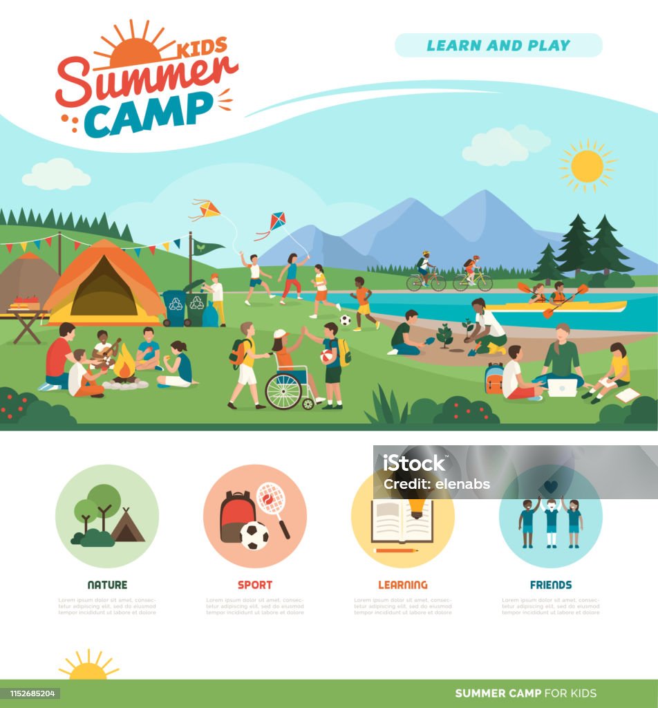 山の中で一緒に夏のキャンプを楽しむ幸せな子供たち - サマーキャンプのロイヤリティフリーベクトルアート