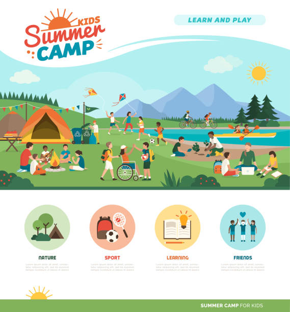 Happy kids enjoying summer camp together in the mountains Happy kids enjoying summer camp together in the mountains: they are camping, playing and learning together, diversity and education concept camping illustrations stock illustrations