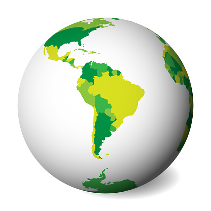 Blank political map of South America. 3D Earth globe with green map. Vector illustration.