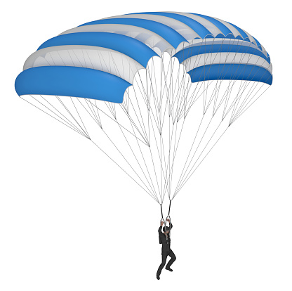 Skydiver with parachute wings white and blue. 3d illustration isolated on white