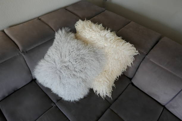 istock Two cuddly lambskin pillows on a gray velor sofa, close-up 1152693115