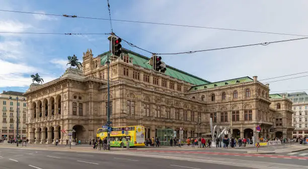 A picture of the Vienna Operahouse taken from across the street.