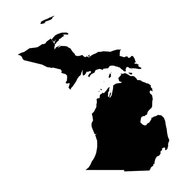 Michigan, state of USA - solid black silhouette map of country area. Simple flat vector illustration Michigan, state of USA - solid black silhouette map of country area. Simple flat vector illustration. michigan stock illustrations