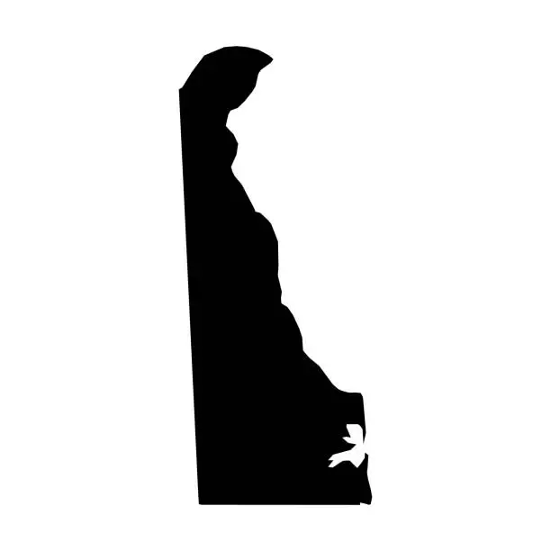 Vector illustration of Delaware, state of USA - solid black silhouette map of country area. Simple flat vector illustration