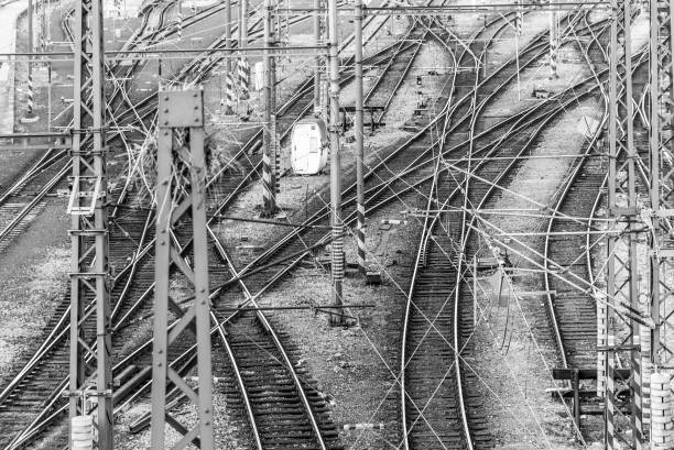 istock Railroad tangle at large train station. Railway transportation theme 1152695880