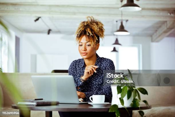 Skilled Female Worker Looking At Laptop In Office Stock Photo - Download Image Now - Financial Advisor, Office, Laptop