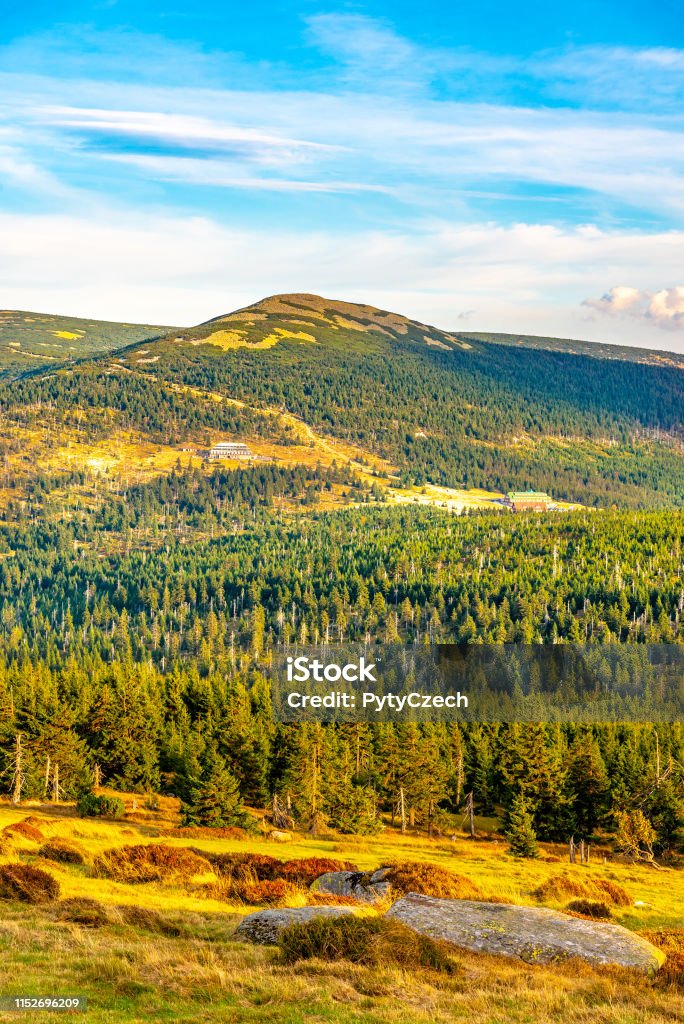 Green forest landscape with Maly Sisak Mountain and mountain huts, Giant Mountains, Krkonose, Czech Republic Green forest landscape with Maly Sisak Mountain and mountain huts, Giant Mountains, Krkonose, Czech Republic. Czech Republic Stock Photo