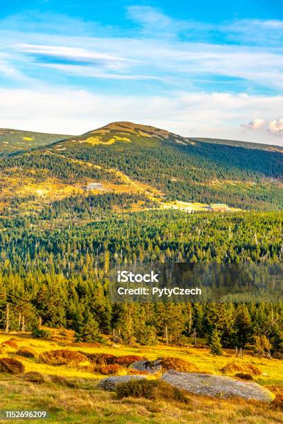Green Forest Landscape With Maly Sisak Mountain And Mountain Huts Giant Mountains Krkonose Czech Republic Stock Photo - Download Image Now