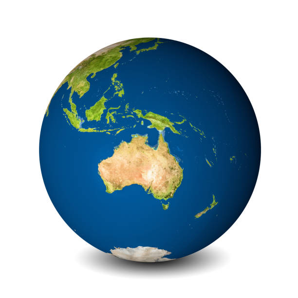 흰색 배경에 고립 된 지구 글로브. 위성 보기 초점을 맞춘 - australia globe map earth 뉴스 사진 이미지