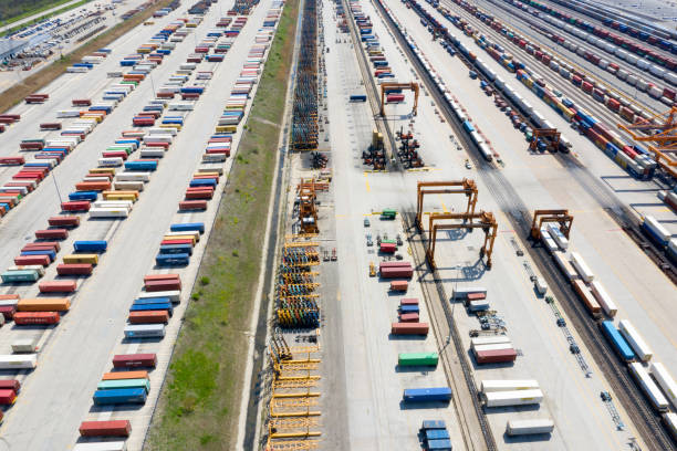 istock Cargo Containers and Freight Trains, Aerial View 1152697244