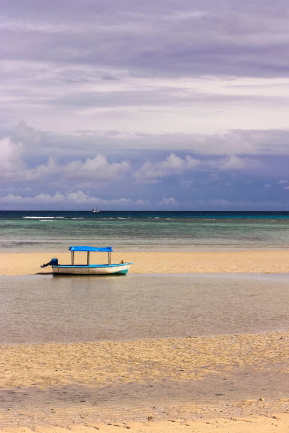 small blue boat with canopy isolated on the beach with cloudy sky small blue boat with canopy isolated on the beach with cloudy sky at Havelock Island, Andaman and Nicobar Islands andaman sea stock pictures, royalty-free photos & images