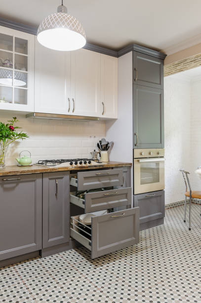 istock modern grey and white wooden kitchen interior 1152704922