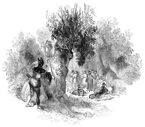 Touchstone and Audrey Enter the Weddings in the Forest of Arden - Works of William Shakespeare Touchstone the fool and Audrey enter the weddings in the Forest of Arden in As You Like It from the Works of William Shakespeare. Vintage etching circa mid 19th century. touchstone stock illustrations