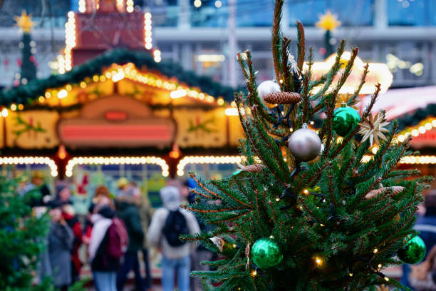 Christmas tree decorations in Christmas market in Memorial Church Christmas tree decorations in Christmas market in Germany in Europe in winter. German Night street Xmas and holiday fair in European city or town. Kaiser Wilhelm Memorial Church, Berlin kaiser wilhelm memorial church stock pictures, royalty-free photos & images