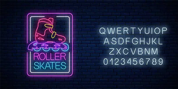 Vector illustration of Roller skates glowing neon sign in rectangle frames with alphabet. Skate zone symbol in neon style.