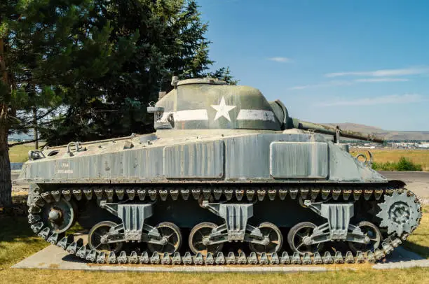 A decommissioned m4a3 Sherman Medium Tank at the Pocatello National Guard Armory